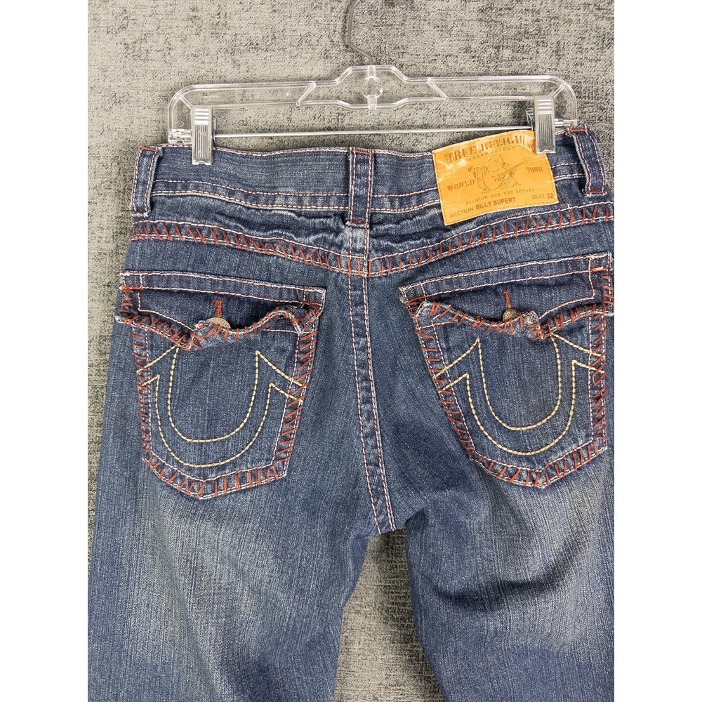 VTG True Religion Mens Billy Super T Jeans 32X33 Dark Wash Embroidered Flap Fade